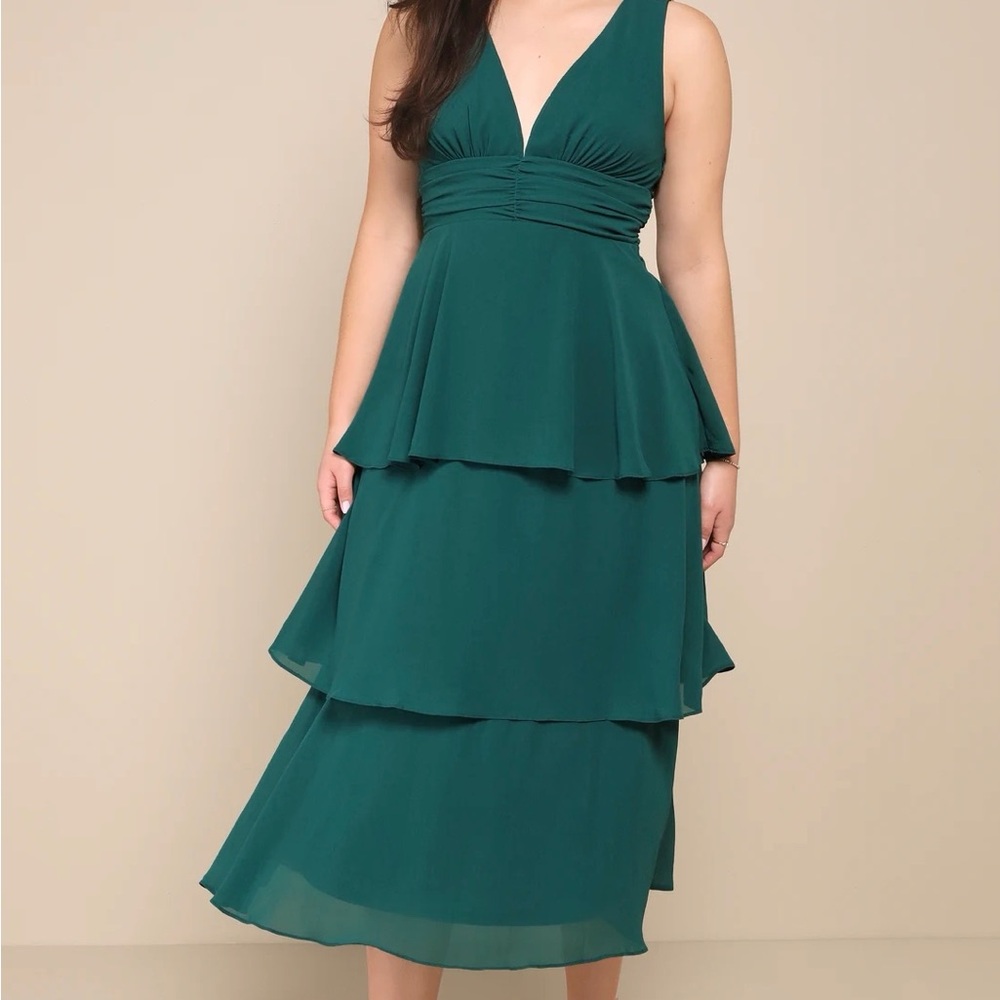 Lulu's Deep Green Layered Midi Dress - Picture 3 of 6